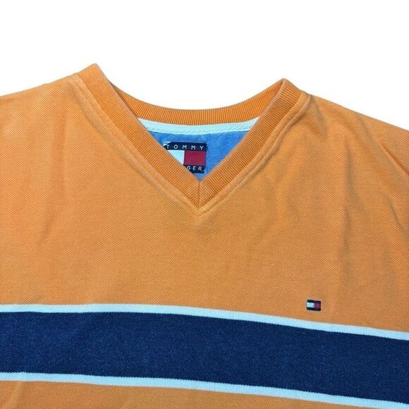 Vintage Tommy Hilfiger V Neck Orange Short Sleeve Knit T Shirt Mens XL 2004 Y2K - Picture 4 of 10
